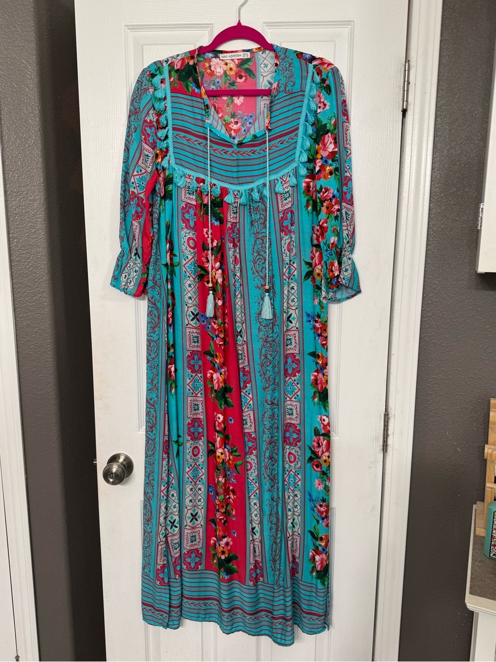 Boho Floral Turquoise Maxi Dress with Pink Accents M